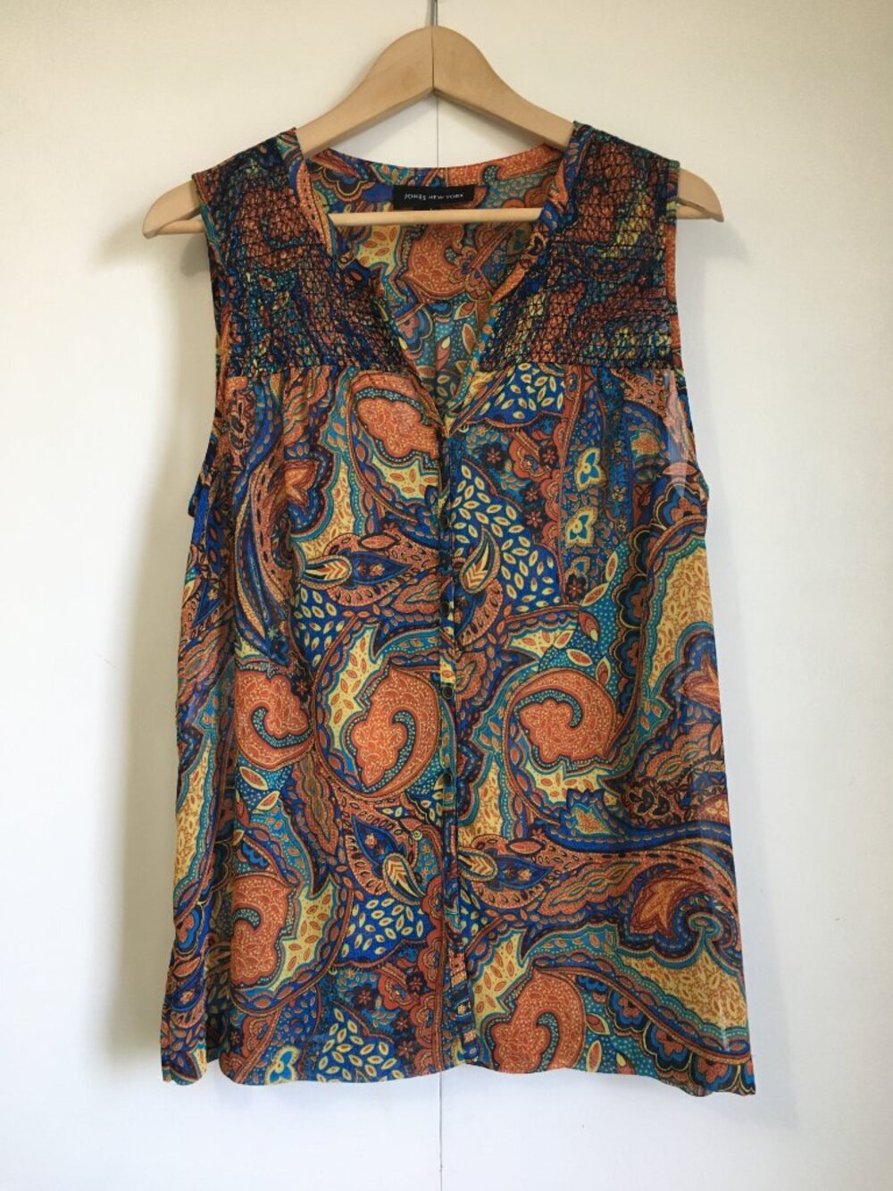 Jones New York Jewel Tone Paisley Sleeveless Button Up Blouse Shell Large
